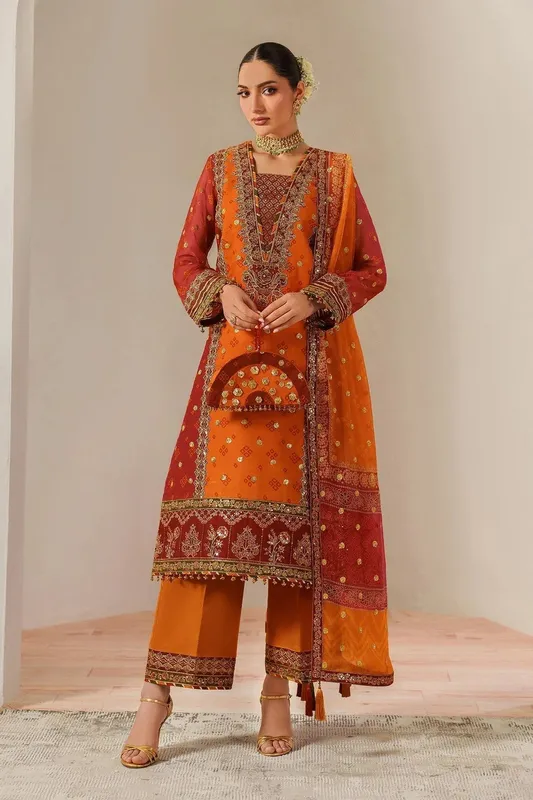 Alizeh Fleur Chiffon deep orange Organza – view 1 – Poshaq