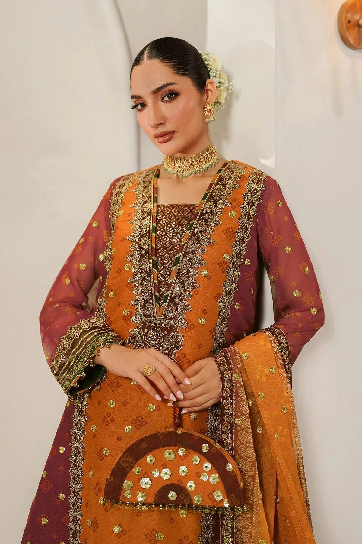 Alizeh Fleur Chiffon deep orange Organza – view 3 – Poshaq