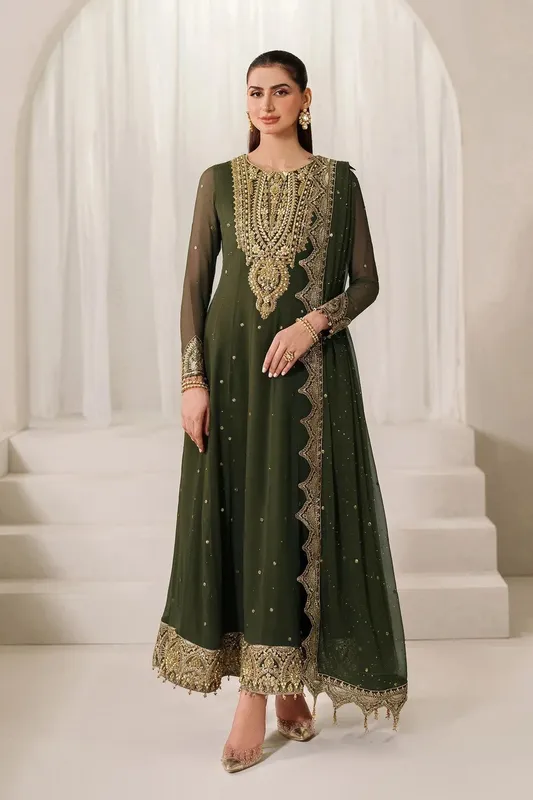 Alizeh Reena Handmade 25 deep olive green Organza – view 1 – Poshaq