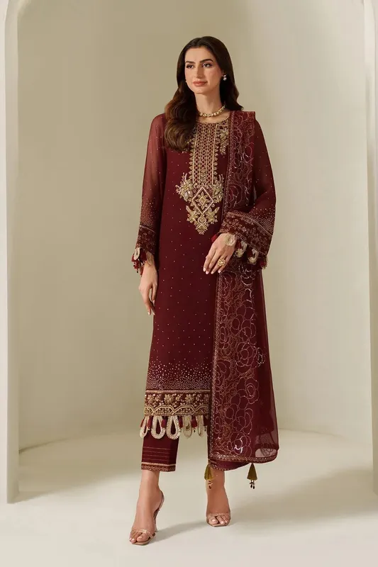 Alizeh Reena Handmade 25 Maroon Raw Silk – view 1 – Poshaq