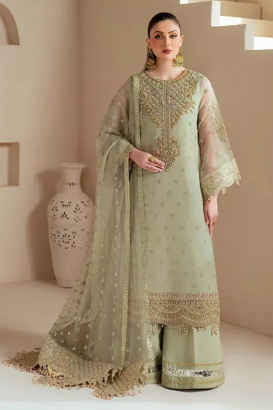 Alizeh Aymal Chiffon Greenish Grey Raw Silk – view 1 – Poshaq