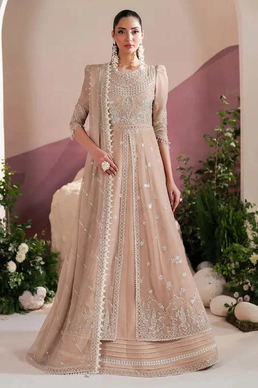 Alizeh Handcrafted Eid Edit 25 Powder Peach Raw Silk – view 1 – Poshaq