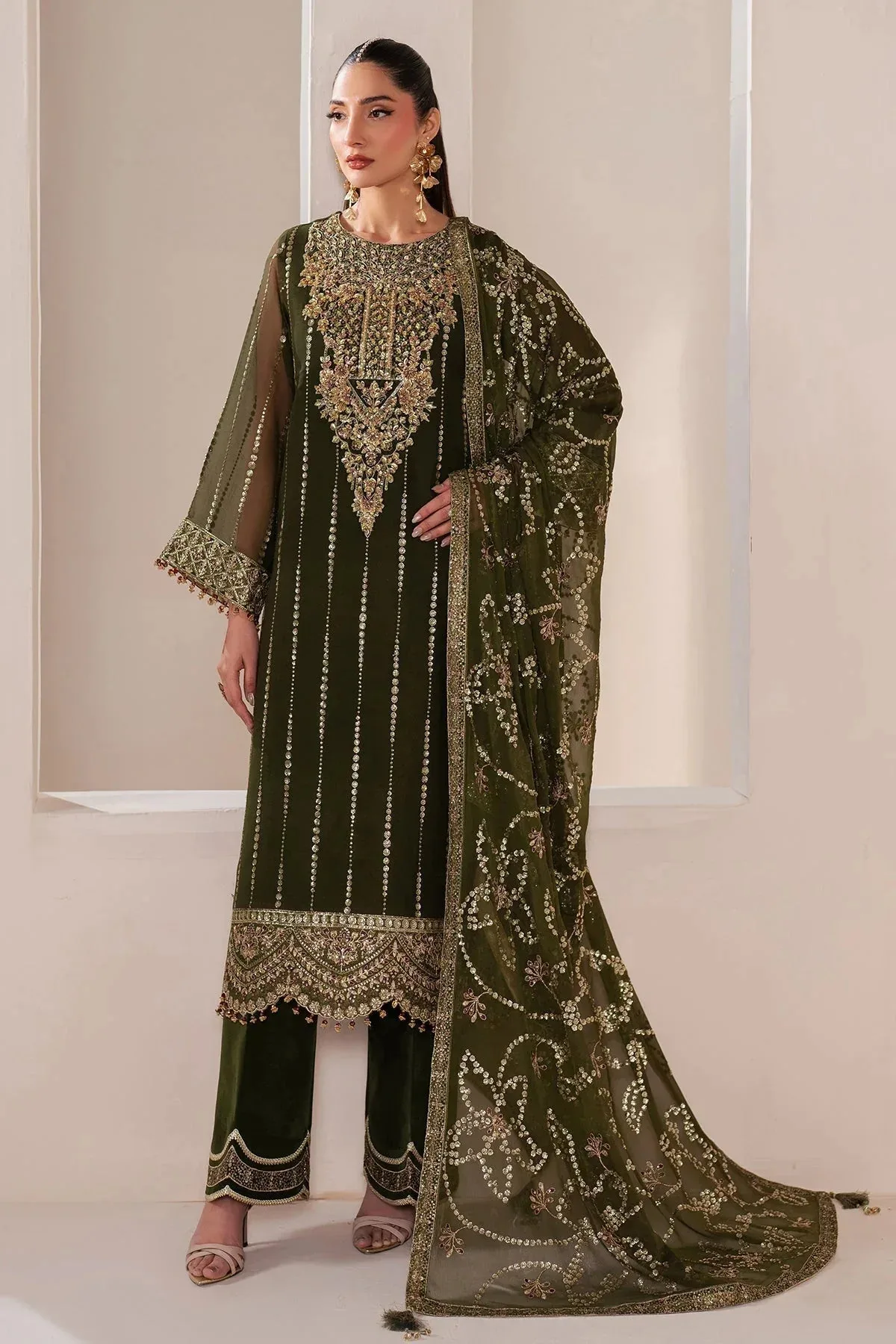 Alizeh Handcrafted Eid Edit 25 Deep Olive Green Chiffon – view 1 – Poshaq