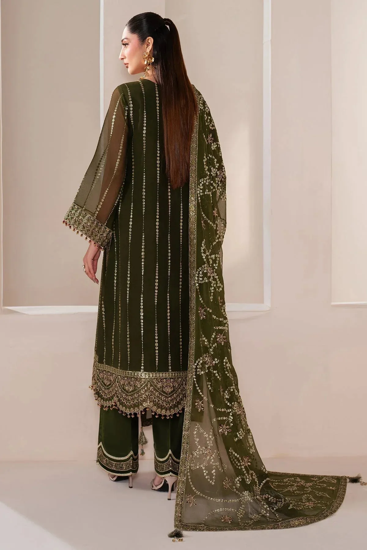 Alizeh Handcrafted Eid Edit 25 Deep Olive Green Chiffon – view 2 – Poshaq