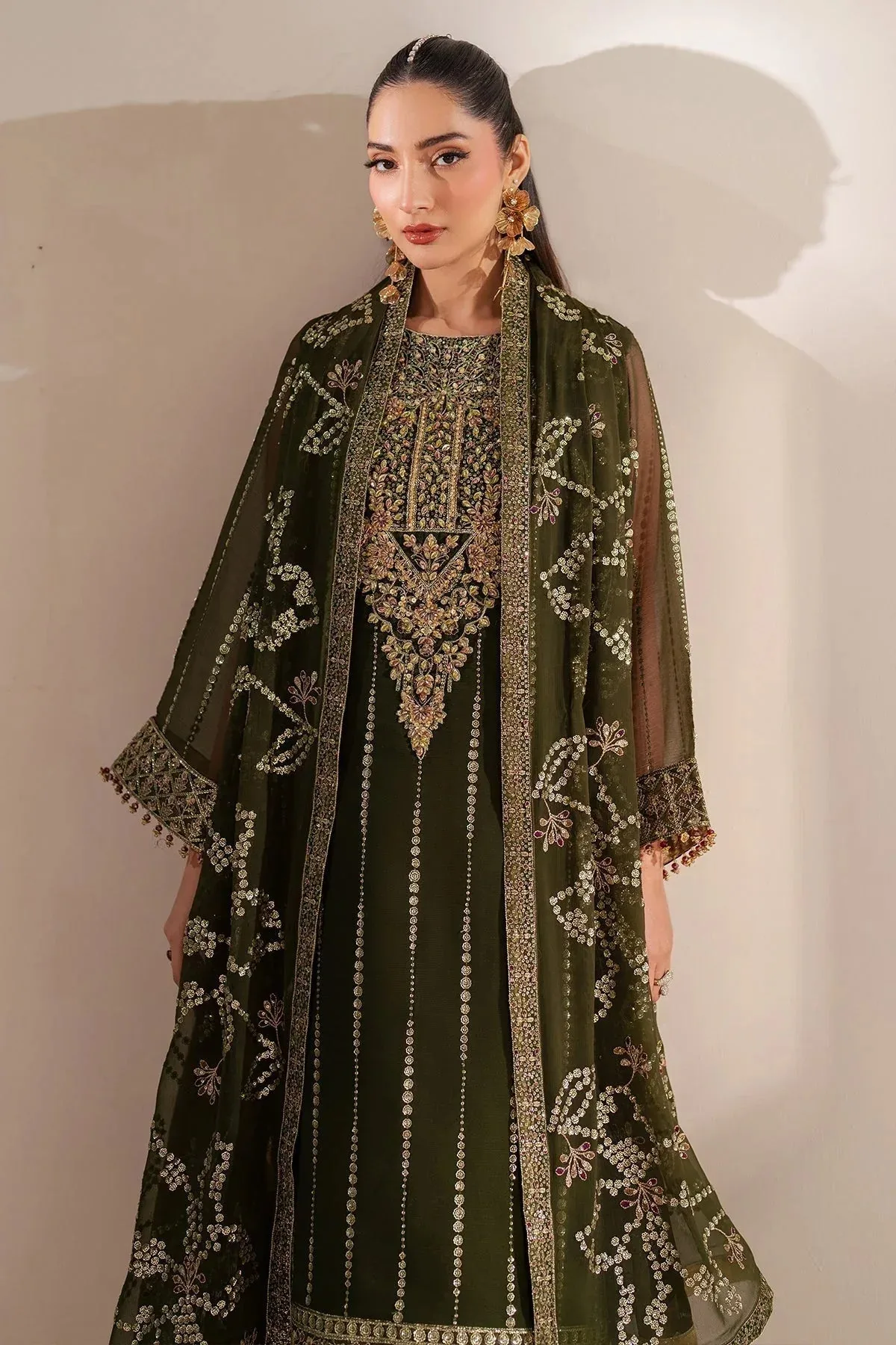 Alizeh Handcrafted Eid Edit 25 Deep Olive Green Chiffon – view 3 – Poshaq