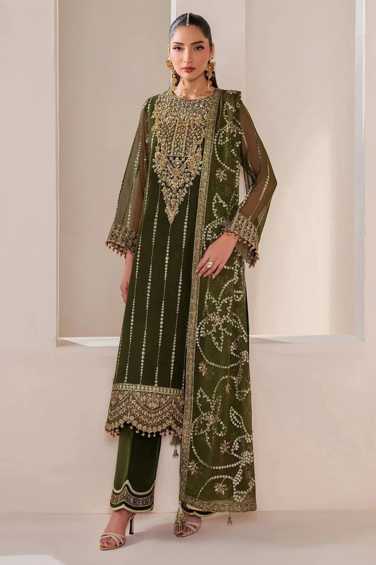 Alizeh Handcrafted Eid Edit 25 Deep Olive Green Chiffon – view 4 – Poshaq