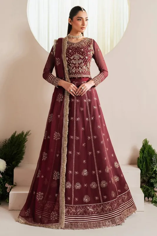 Alizeh Handcrafted Eid Edit 25 Maroon Chiffon – view 1 – Poshaq