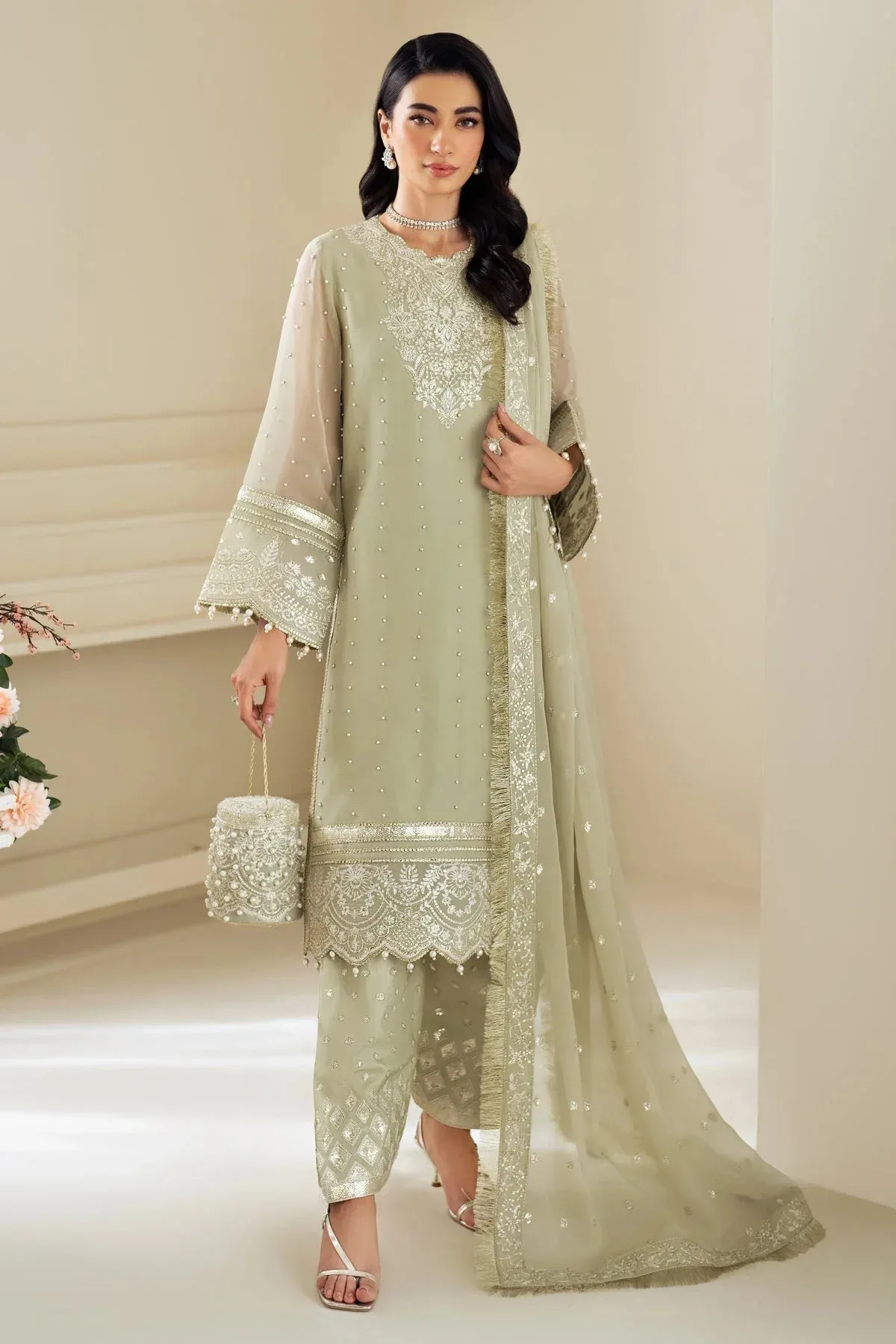 Alizeh Selene Luxury Chiffon Collection 25 Mint Gray Raw Silk – view 1 – Poshaq