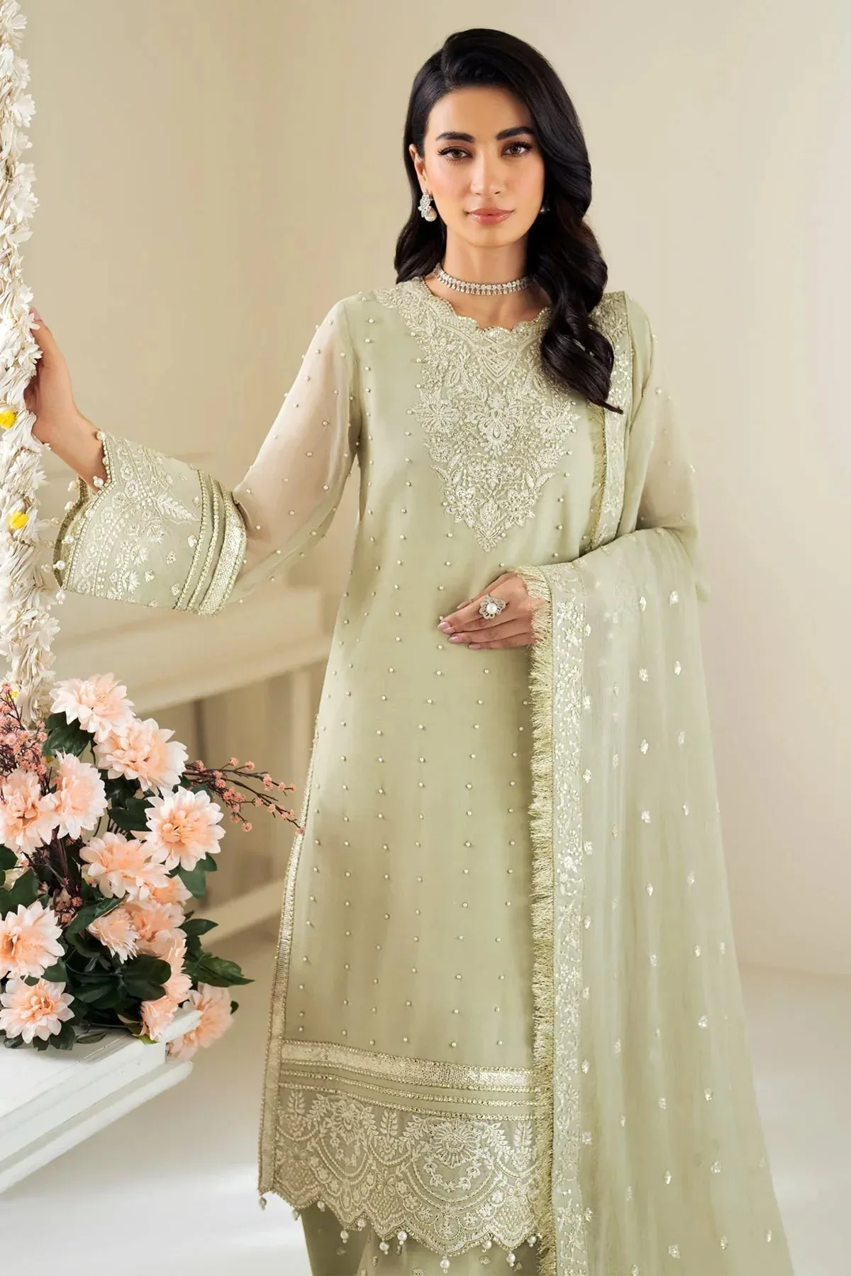 Alizeh Selene Luxury Chiffon Collection 25 Mint Gray Raw Silk – view 3 – Poshaq