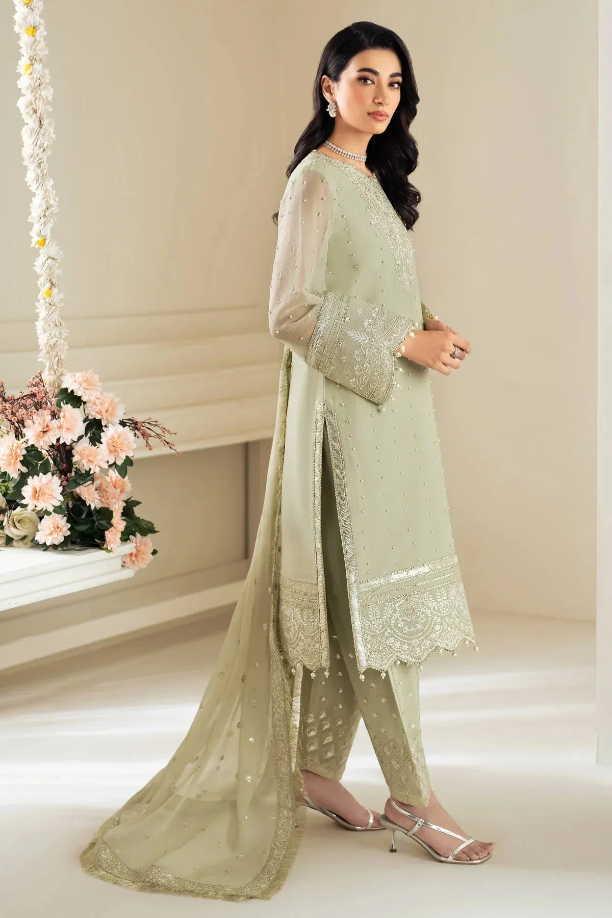 Alizeh Selene Luxury Chiffon Collection 25 Mint Gray Raw Silk – view 4 – Poshaq