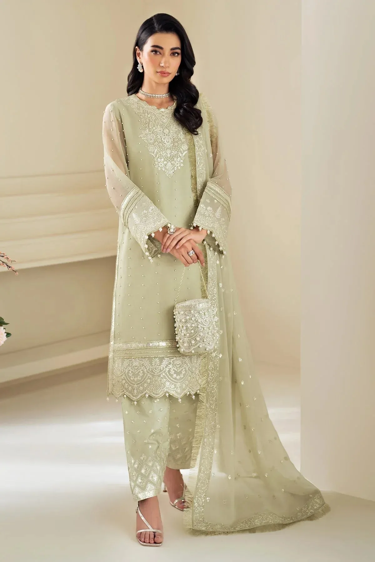 Alizeh Selene Luxury Chiffon Collection 25 Mint Gray Raw Silk – view 5 – Poshaq
