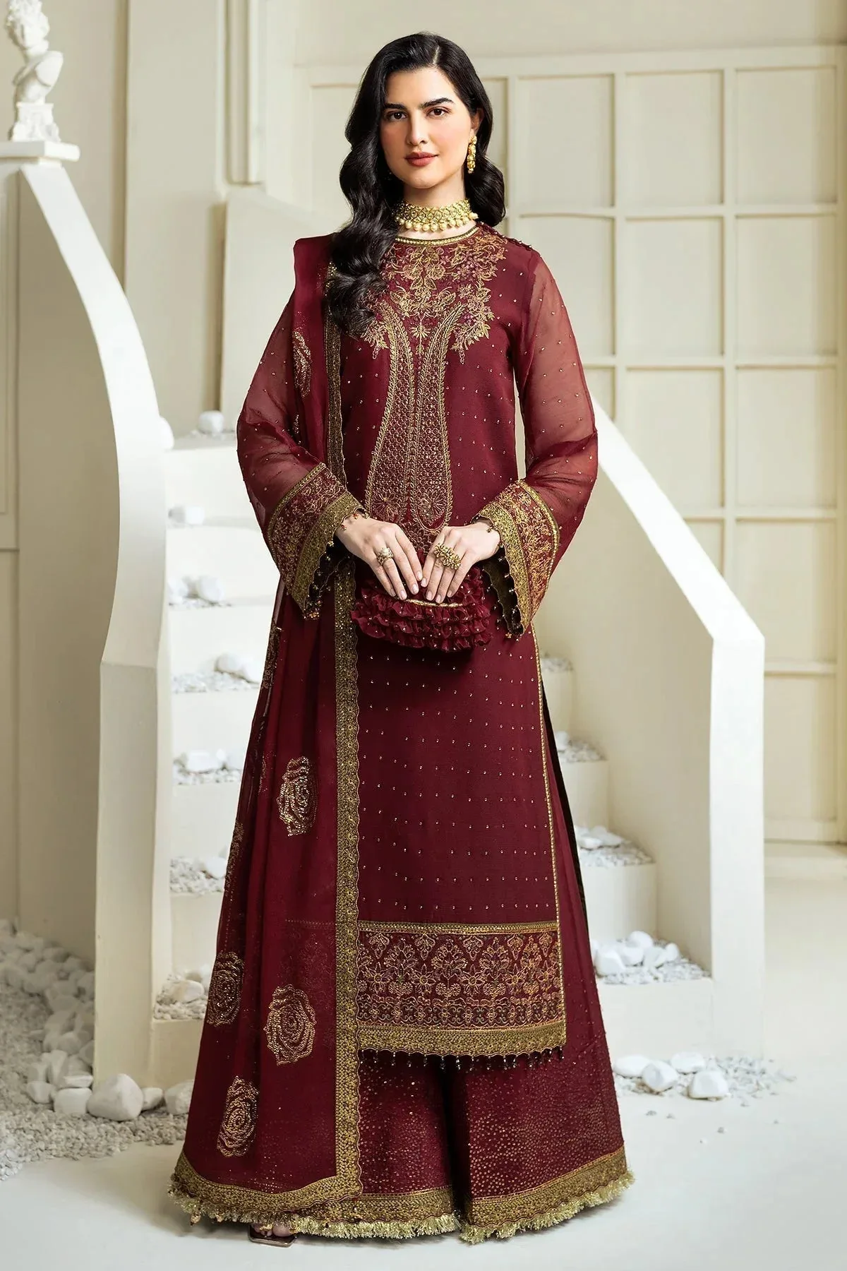 Alizeh Selene Luxury Chiffon Collection 25 Maroon Raw Silk – view 1 – Poshaq