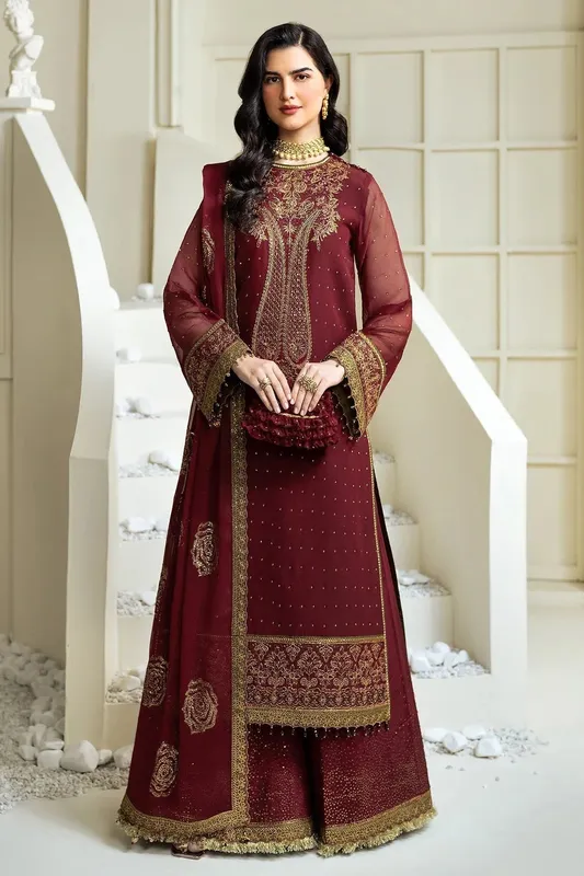 Alizeh Selene Luxury Chiffon Collection 25 Maroon Raw Silk – view 1 – Poshaq