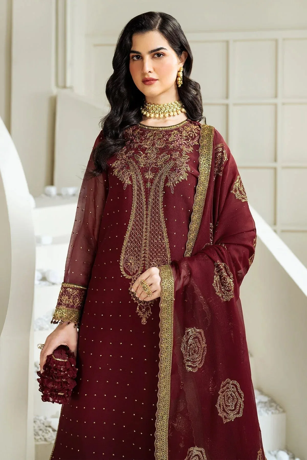 Alizeh Selene Luxury Chiffon Collection 25 Maroon Raw Silk – view 3 – Poshaq