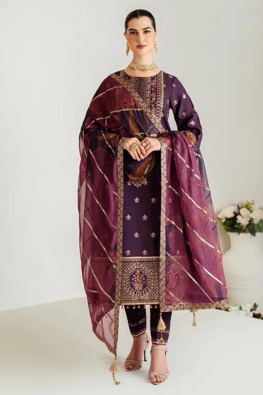 Alizeh Luxury Raw Silk Plum Raw Silk – view 1 – Poshaq