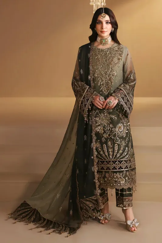 Alizeh Reena Wedding Formals Olive Green Chiffon – view 1 – Poshaq