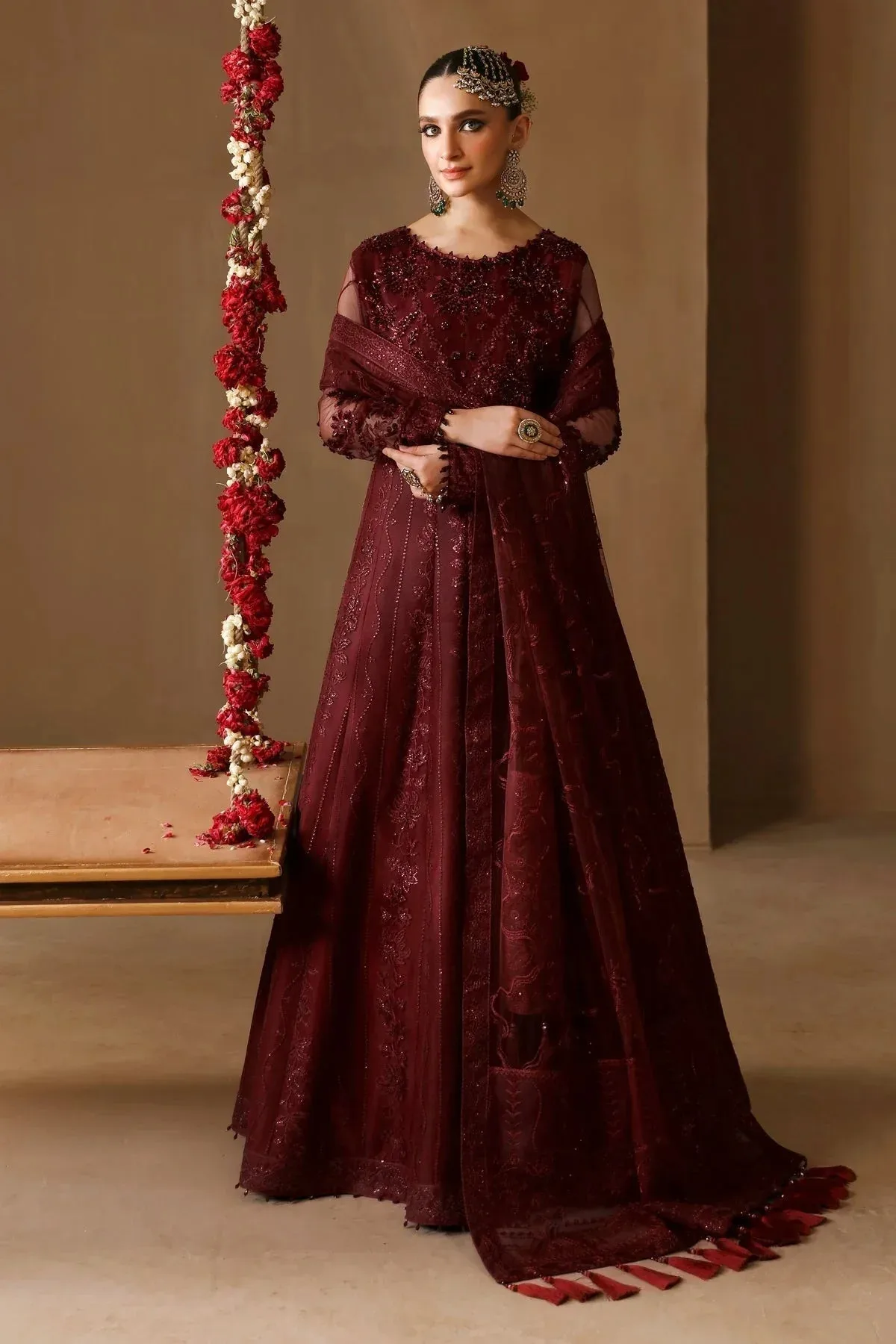 Alizeh Reena Wedding Formals Maroon Net – view 1 – Poshaq