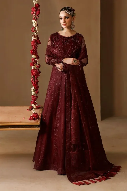Alizeh Reena Wedding Formals Maroon Net – view 1 – Poshaq
