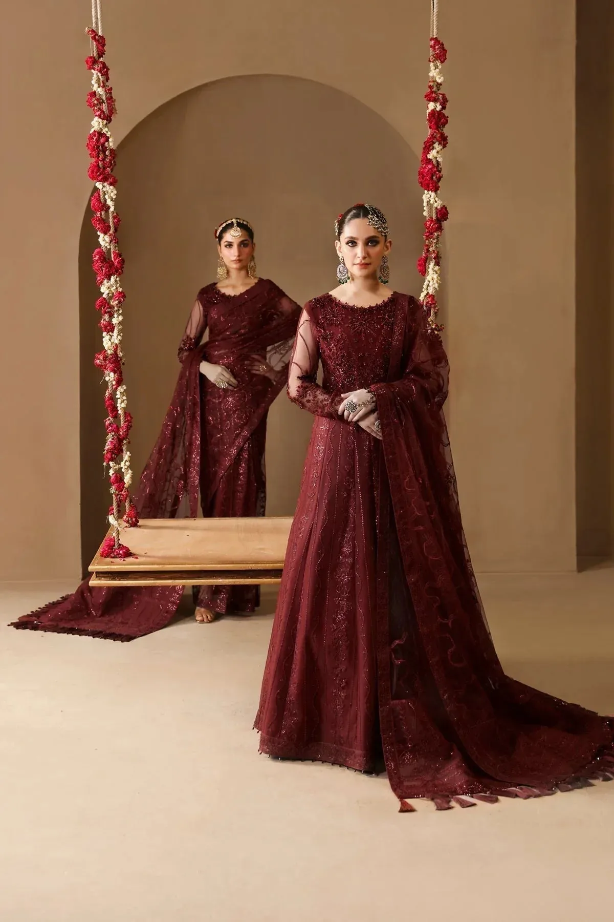 Alizeh Reena Wedding Formals Maroon Net – view 2 – Poshaq