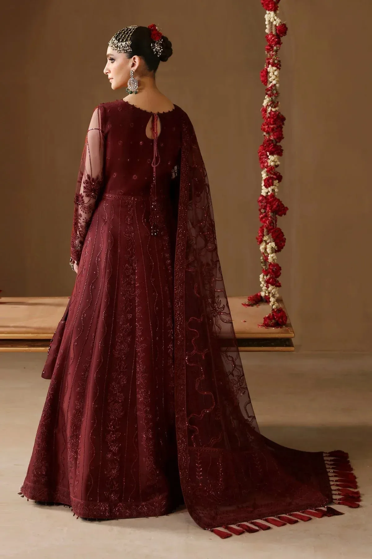Alizeh Reena Wedding Formals Maroon Net – view 3 – Poshaq