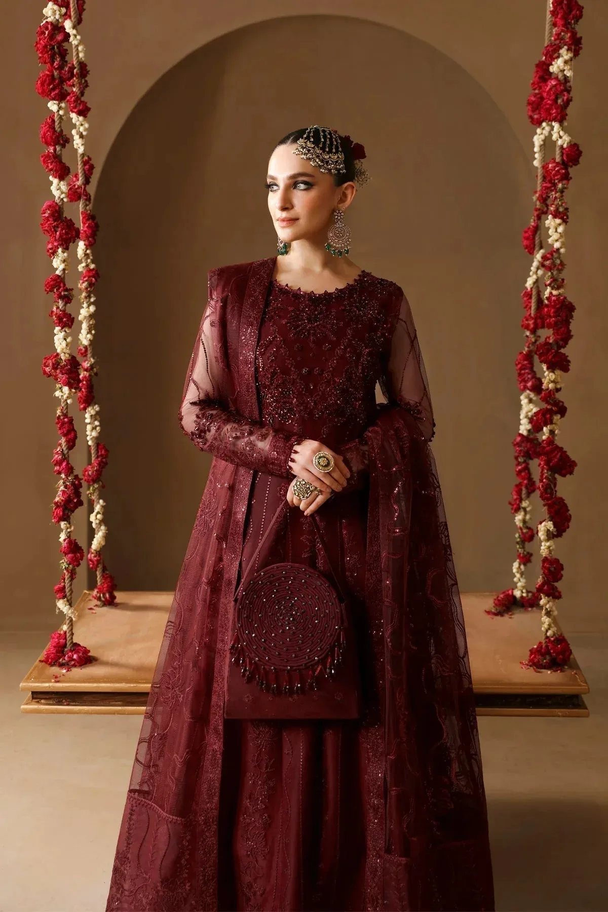 Alizeh Reena Wedding Formals Maroon Net – view 4 – Poshaq