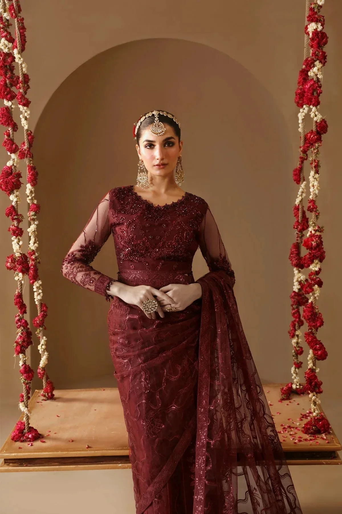 Alizeh Reena Wedding Formals Maroon Net – view 5 – Poshaq