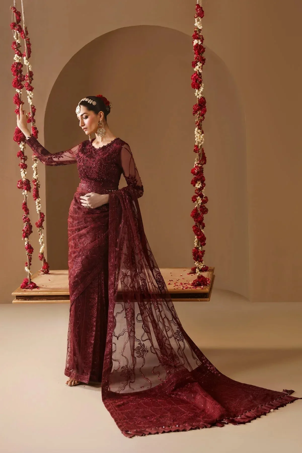 Alizeh Reena Wedding Formals Maroon Net – view 6 – Poshaq