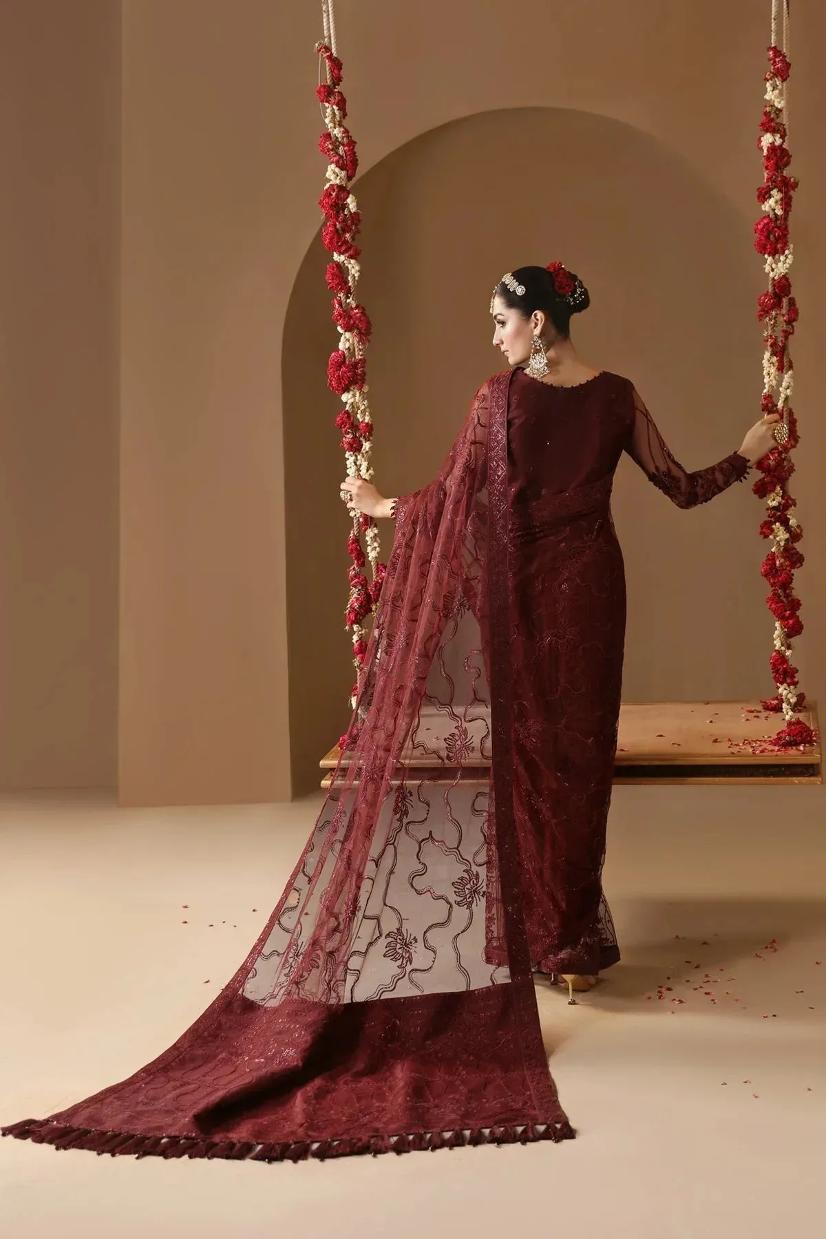 Alizeh Reena Wedding Formals Maroon Net – view 7 – Poshaq