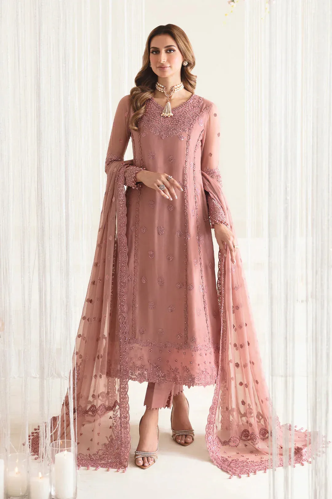 Peach formal frock with organza and chiffon embroidery – view 1 – Poshaq