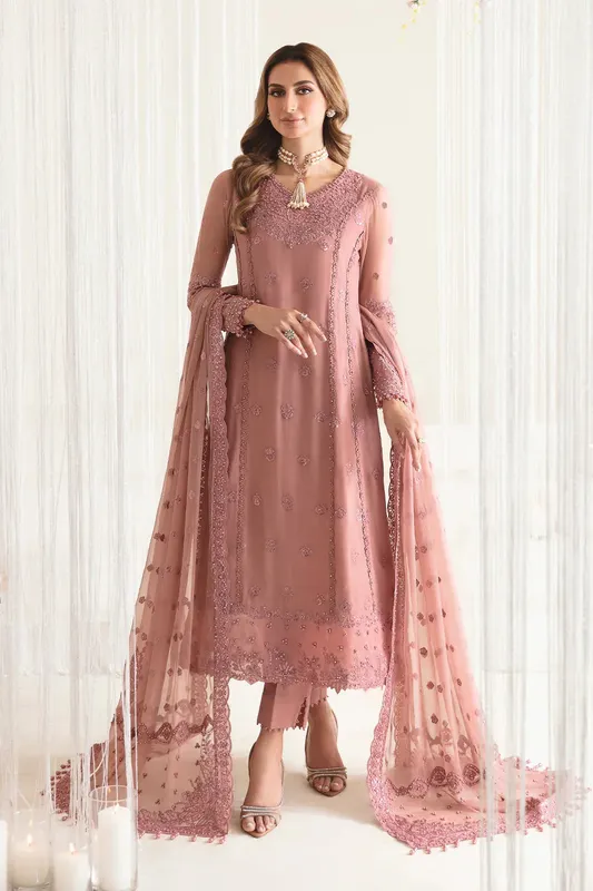 Peach formal frock with organza and chiffon embroidery – view 1 – Poshaq