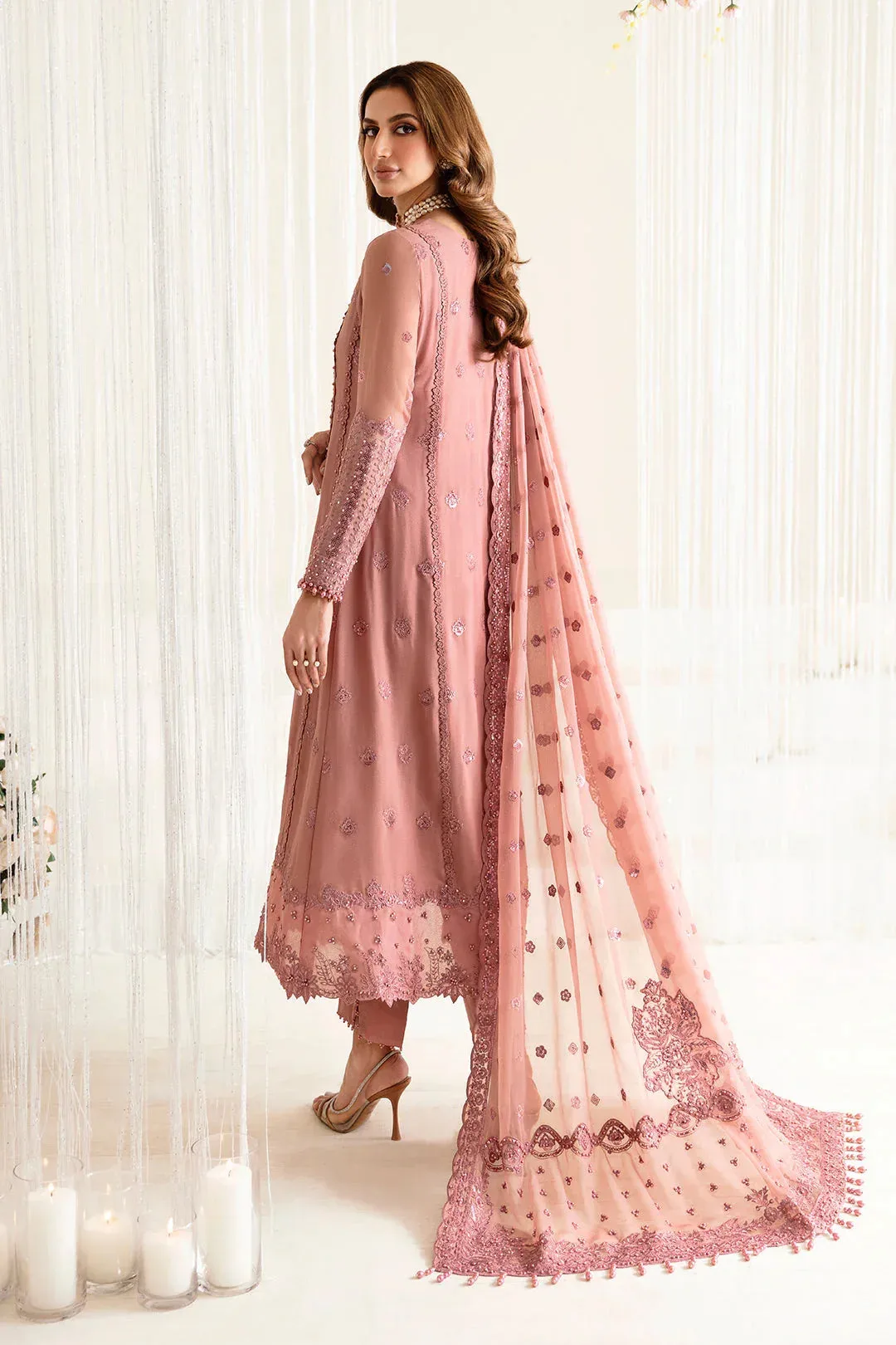 Peach formal frock with organza and chiffon embroidery – view 2 – Poshaq