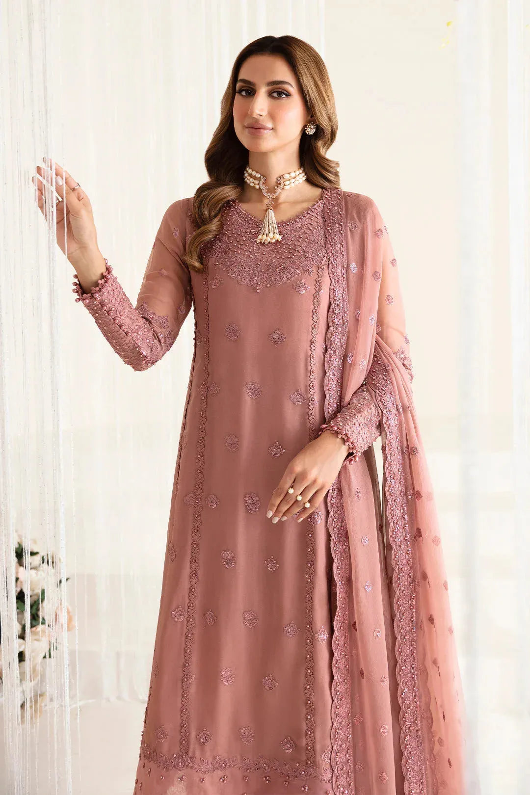 Peach formal frock with organza and chiffon embroidery – view 3 – Poshaq