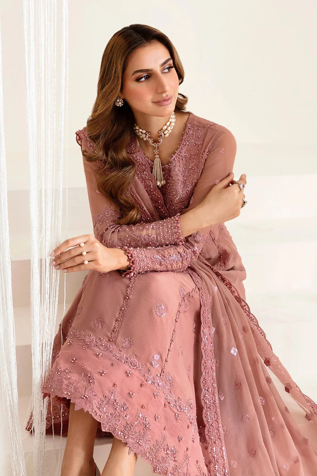 Peach formal frock with organza and chiffon embroidery – view 4 – Poshaq