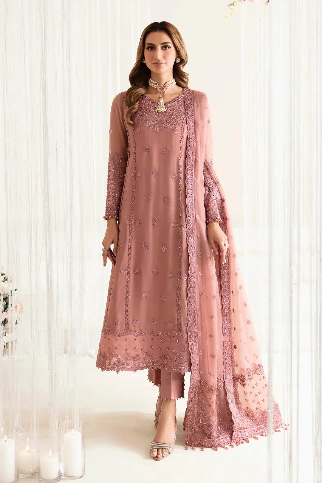 Peach formal frock with organza and chiffon embroidery – view 6 – Poshaq