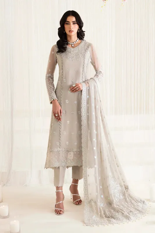 Grey formal outfit with organza shirt, chiffon dupatta and slub trousers – view 1 – Poshaq