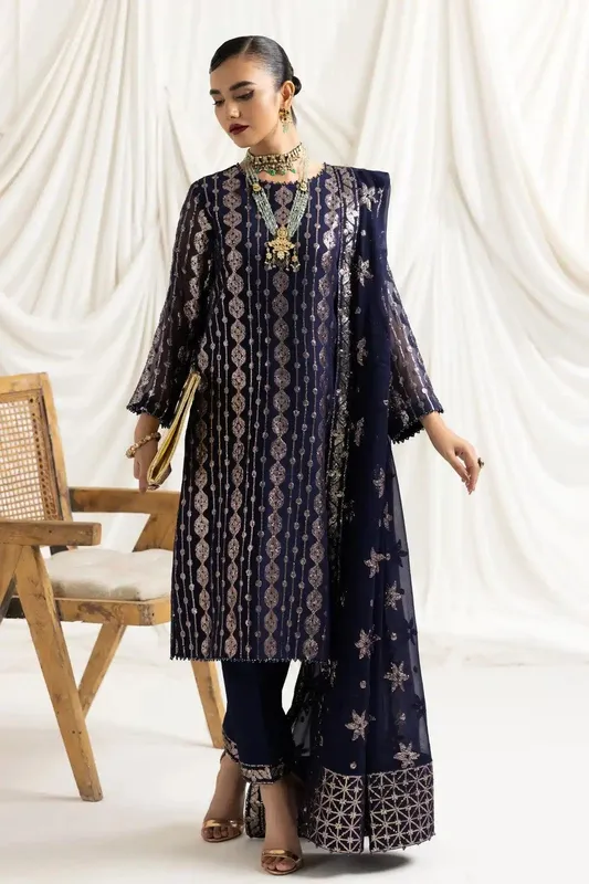 Alizeh Dua Formals 23 Navy Blue Chiffon – view 1 – Poshaq