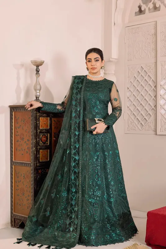 Alizeh Dua Formals 23 Bottle Green Net – view 1 – Poshaq