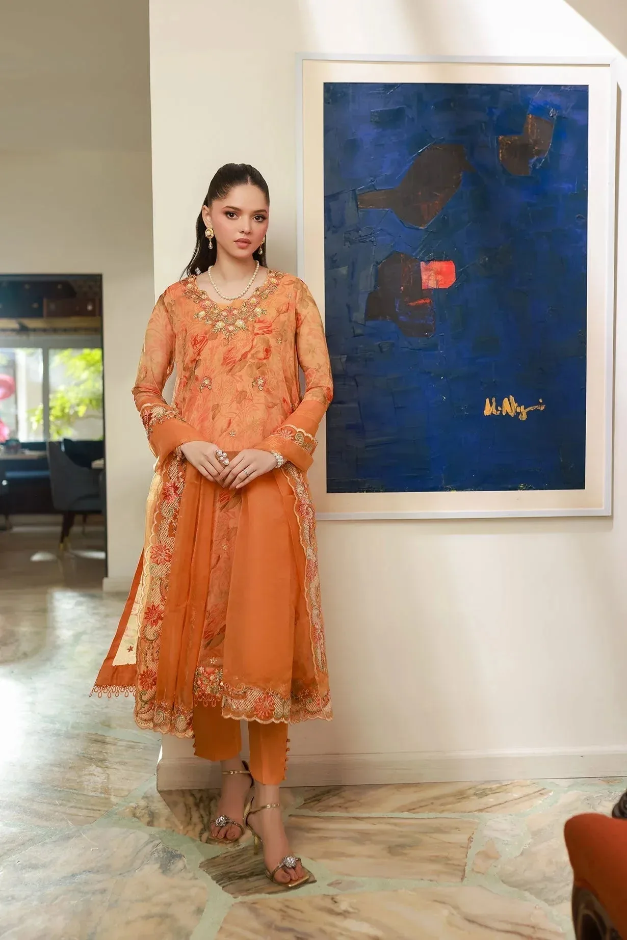 Dhanak Chiffon Pret Apricot Orange Raw Silk – view 1 – Poshaq