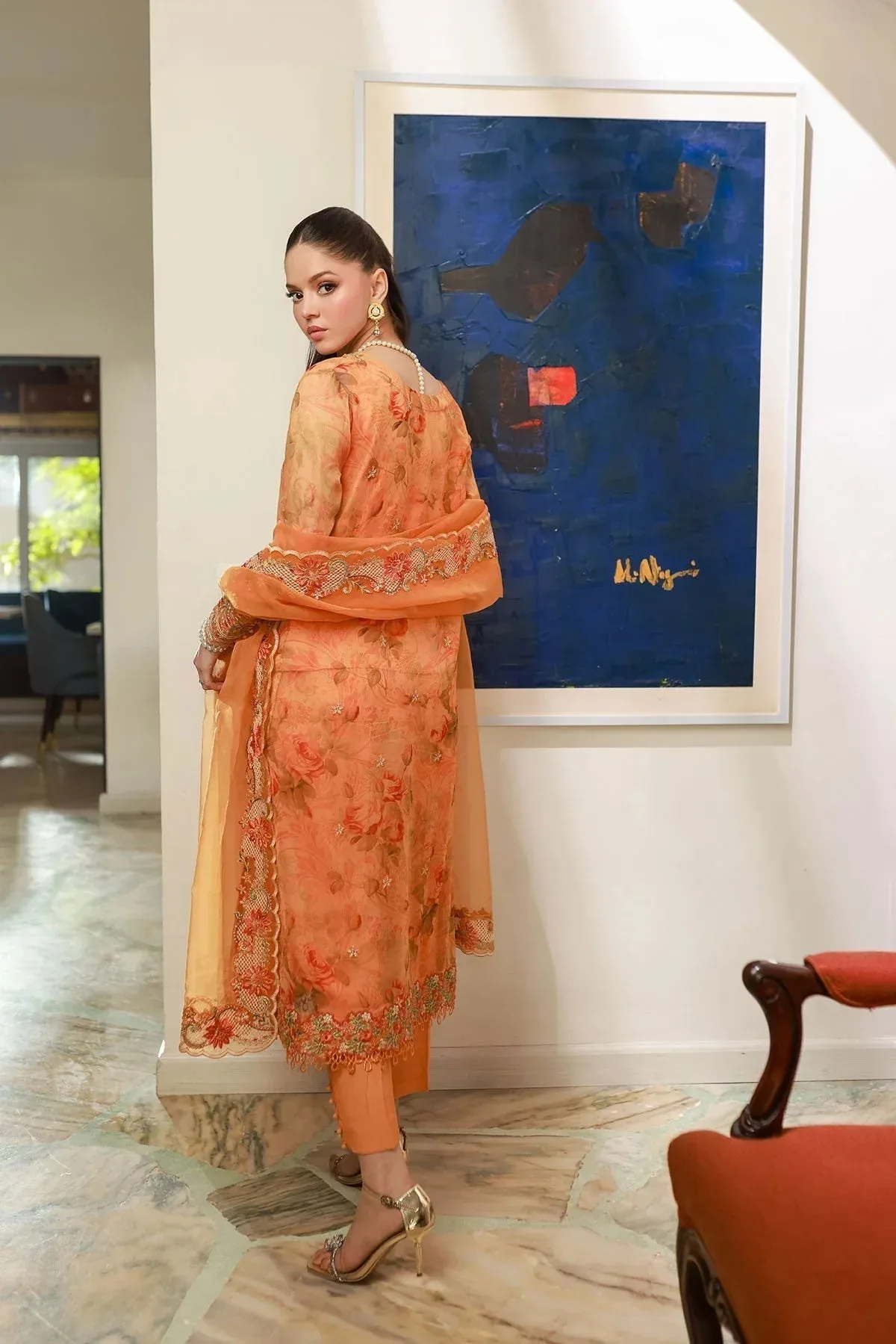 Dhanak Chiffon Pret Apricot Orange Raw Silk – view 2 – Poshaq