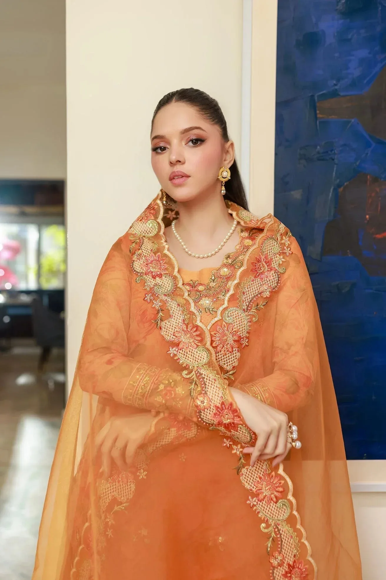 Dhanak Chiffon Pret Apricot Orange Raw Silk – view 3 – Poshaq