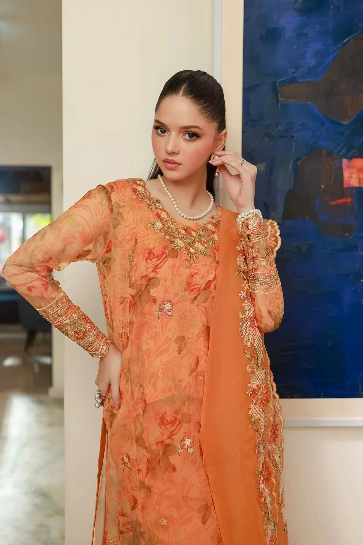 Dhanak Chiffon Pret Apricot Orange Raw Silk – view 5 – Poshaq