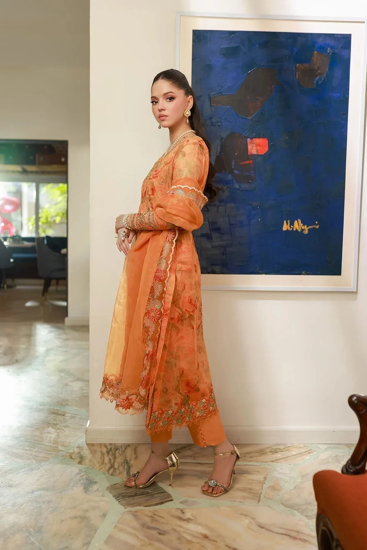 Dhanak Chiffon Pret Apricot Orange Raw Silk – view 7 – Poshaq