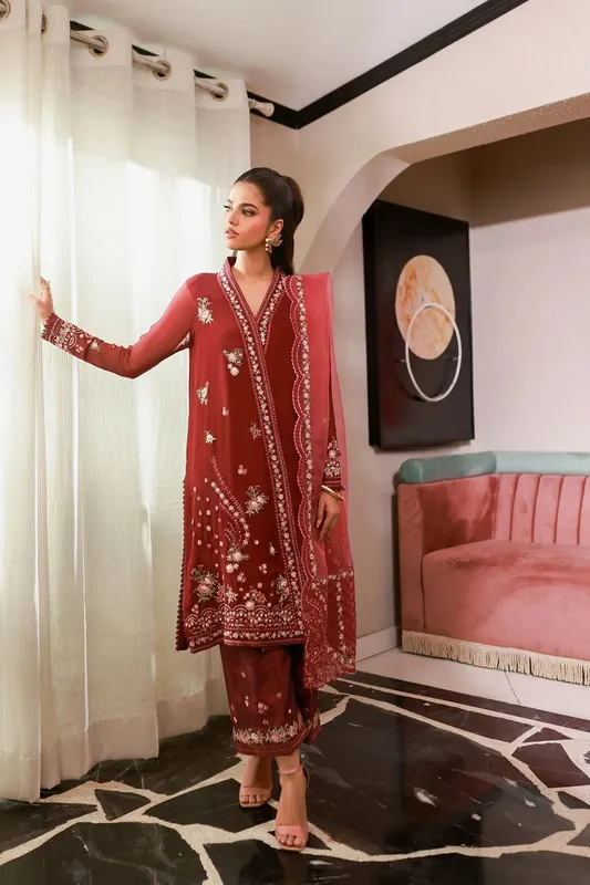 Dhanak Chiffon Pret Blood Red Raw Silk – view 1 – Poshaq