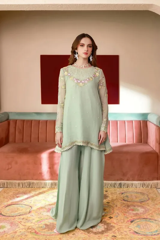 Dhanak Chiffon Pret Mint Green Raw Silk – view 1 – Poshaq