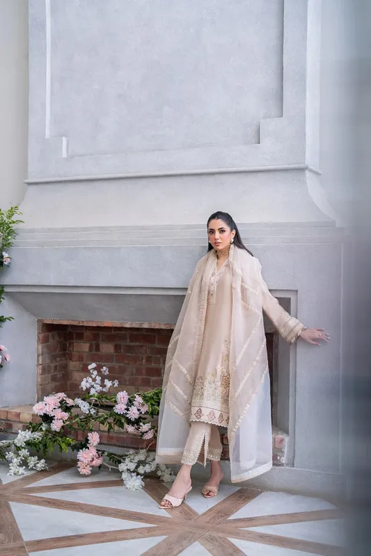 Dhanak SS 25 Luxury Pret Beige Cotton Silk – view 1 – Poshaq