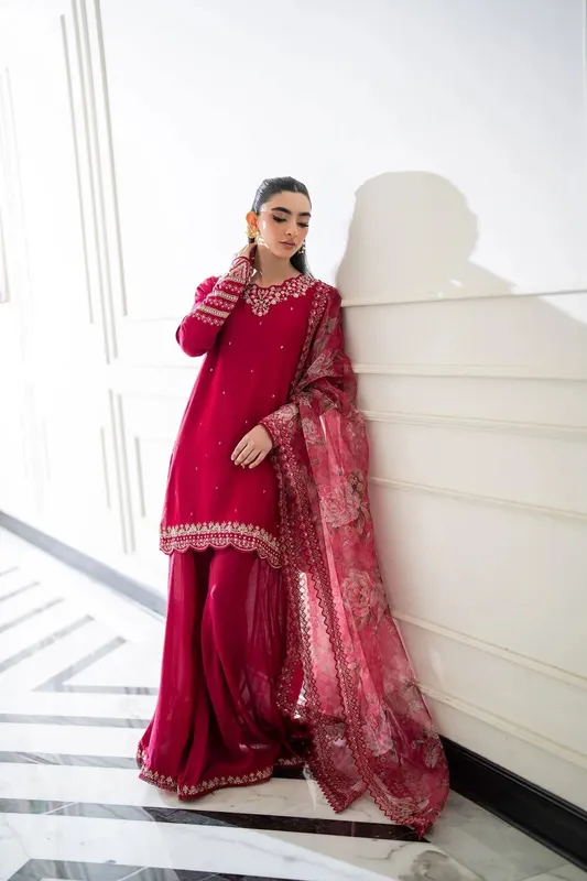 Dhanak SS 25 Luxury Pret Red Cotton Silk – view 1 – Poshaq