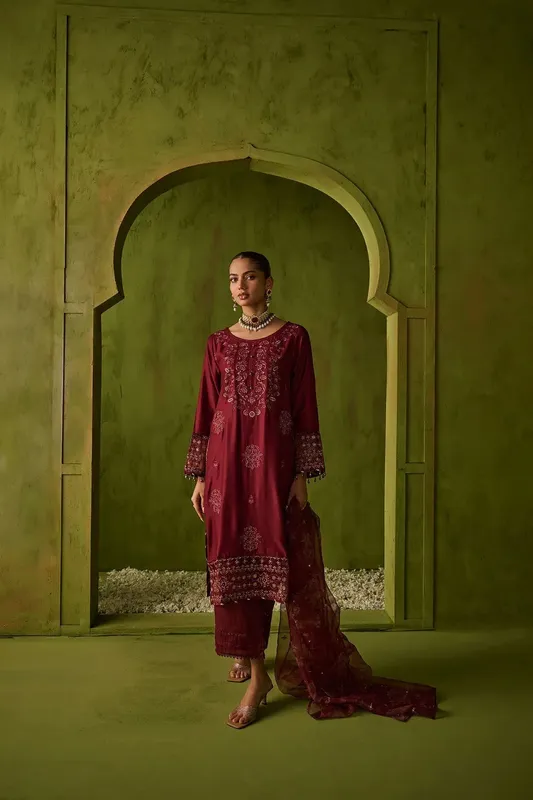 Dhanak Festive Formals Maroon Raw Silk – view 1 – Poshaq