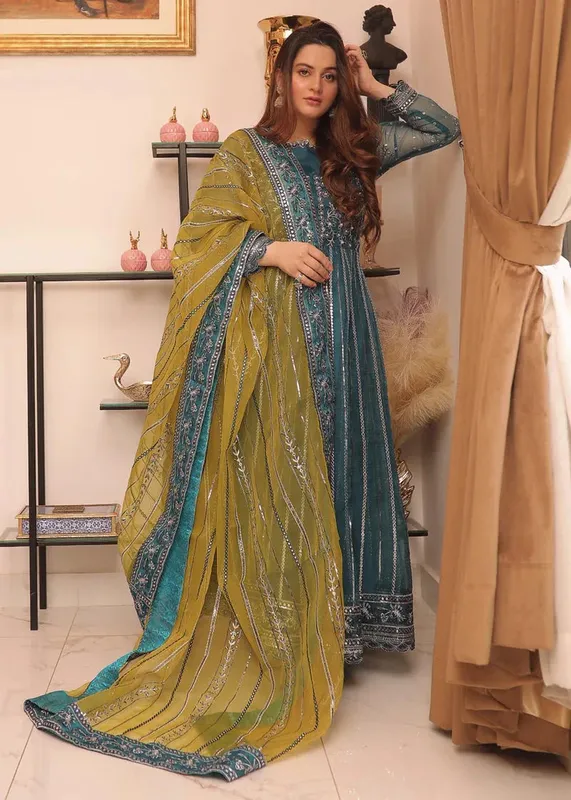 Daud Abbas Formals Collection Teal Organza – view 1 – Poshaq