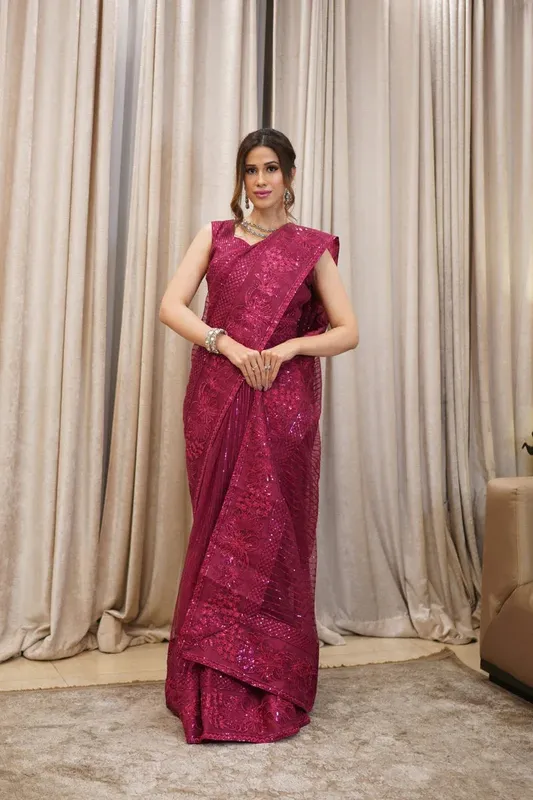 Daud Abbas Formals Collection Maroon Organza – view 1 – Poshaq