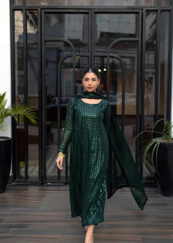 Daud Abbas Formals Collection Bottle Green Chiffon – view 1 – Poshaq